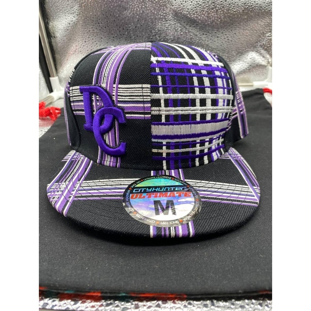 VTG Washington DC Hat Cap Baseball Fitted Mens M Cityhunter Plaid‎ Black Purple